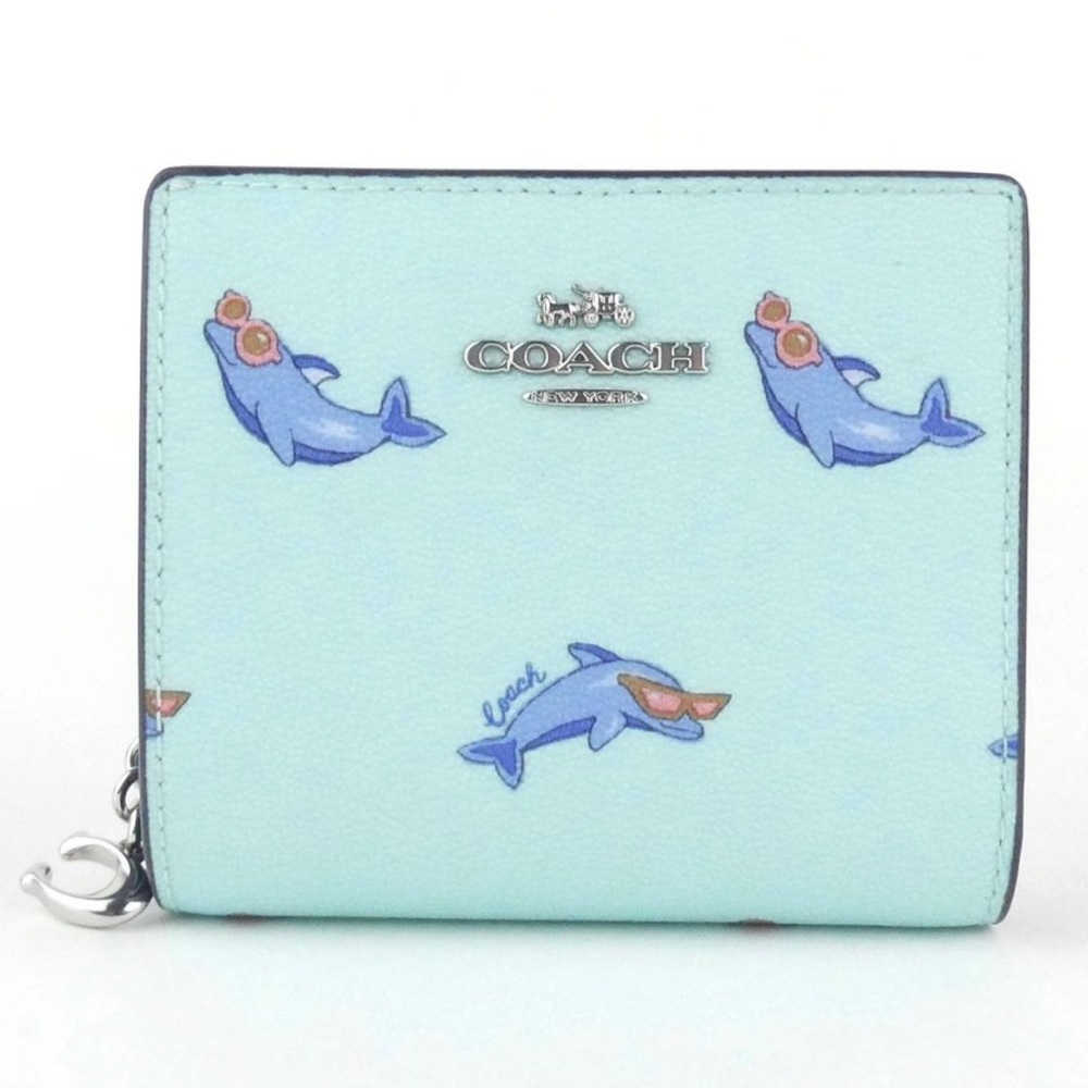 New Coach Blue Dolphin Print Snap Wallet NWT CK436